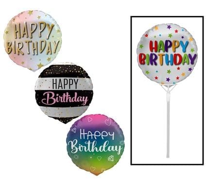 Balloons Air Fill W/Stick Happy Bday Ast